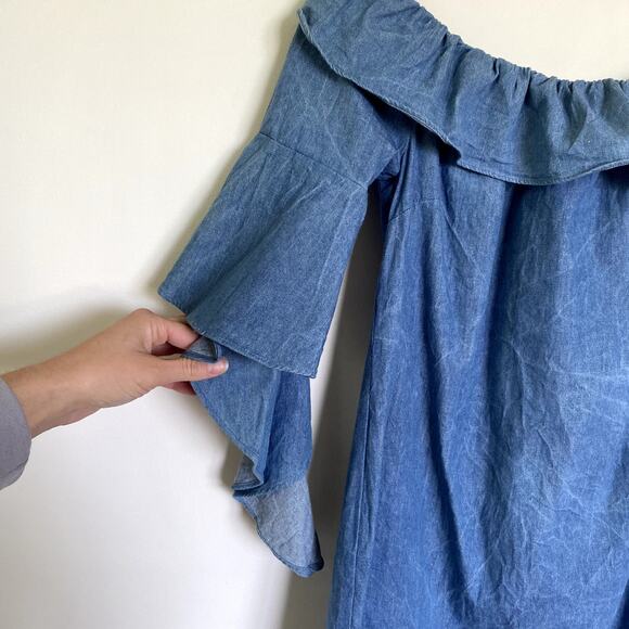 English Factory Denim Off the Shoulder Ruffle Mini Dress Small - Picture 2 of 5